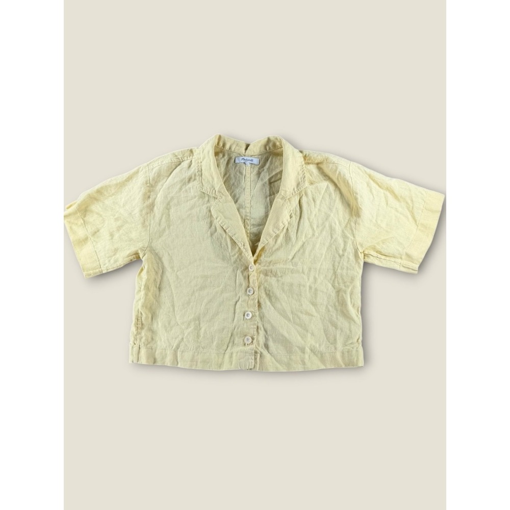 Madewell Women Yellow 100% Linen Short Sleeve Button Up Boxy Crop Shirt Size M